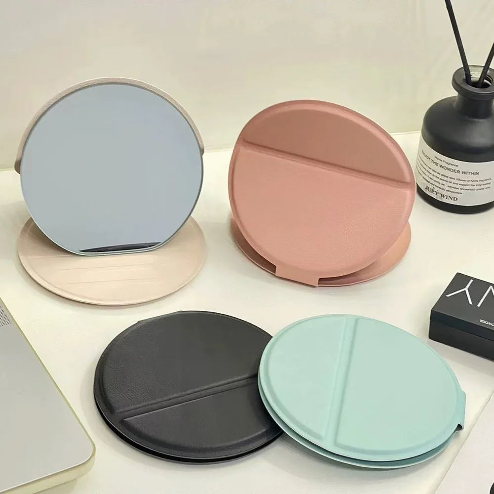 Round Foldable PU Leather Makeup Mirror – Portable Travel