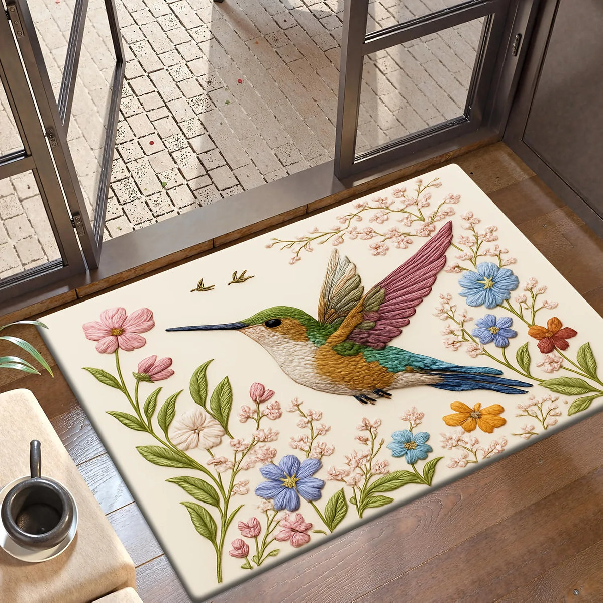 Vintage Hummingbird Doormat – 3D Floral Non-Slip Entryway Rug