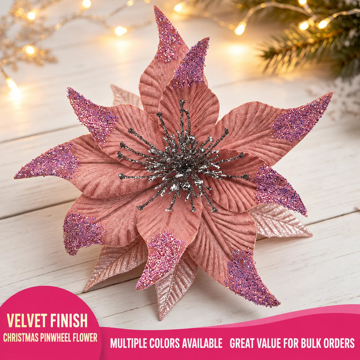 Velvet Flocked Glitter Artificial Christmas Flower Stem