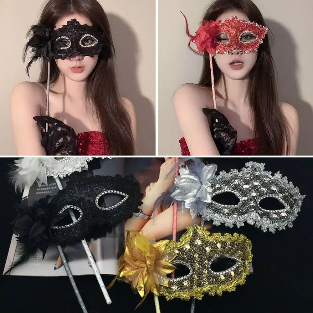 Handheld Feather Masquerade Mask – White Lace & Holding Stick