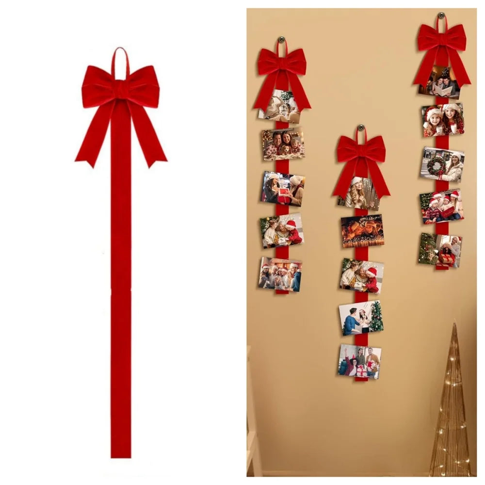 Wine Red Velvet Christmas Bow Ornament with Photo Display