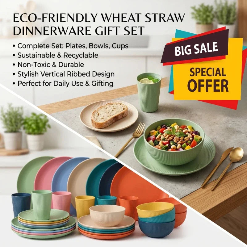 Wheat Straw Dinnerware Set – Eco-Friendly Plates Cups Bowls