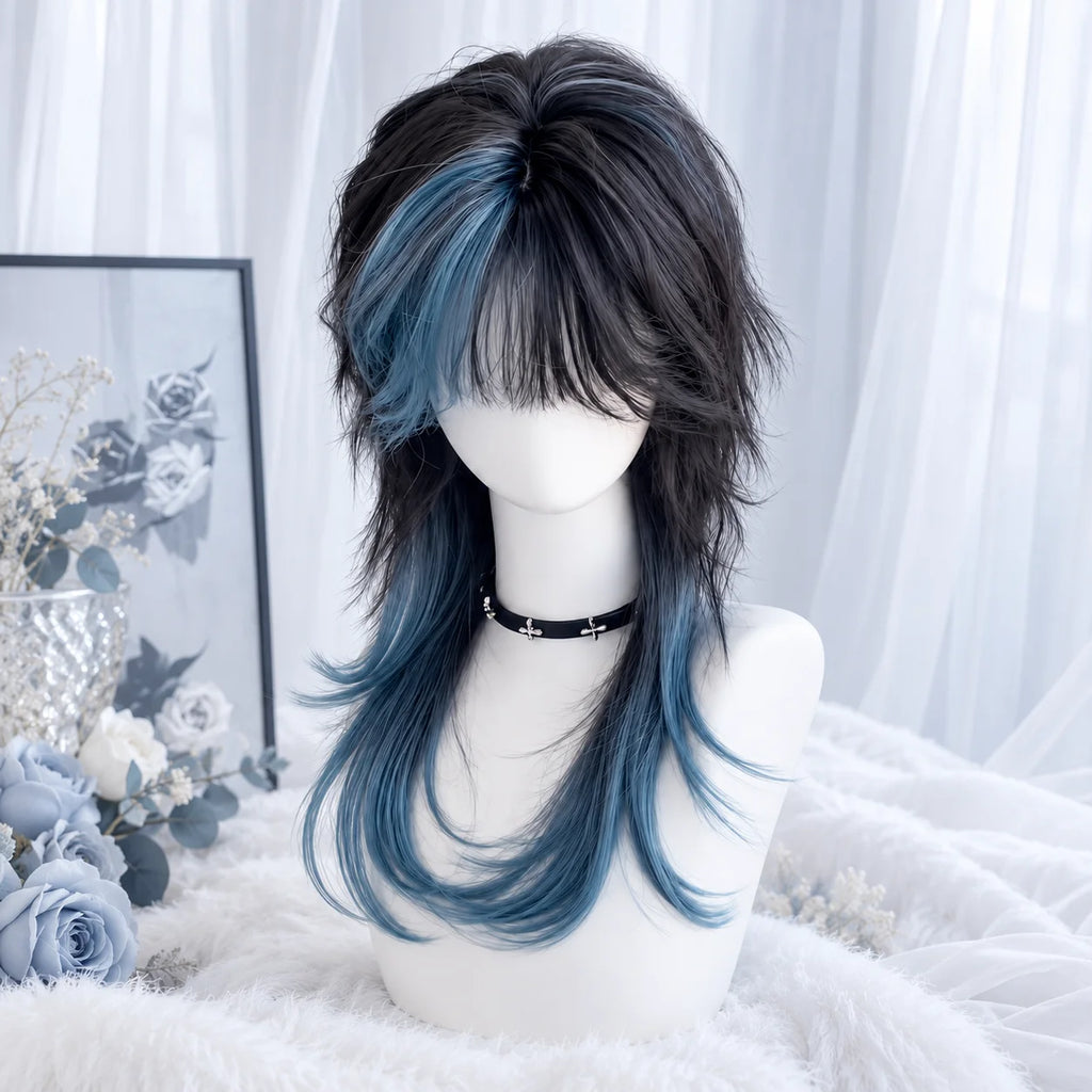Black Blue Wolf Cut Wig – Layered Jellyfish Mullet Highlights