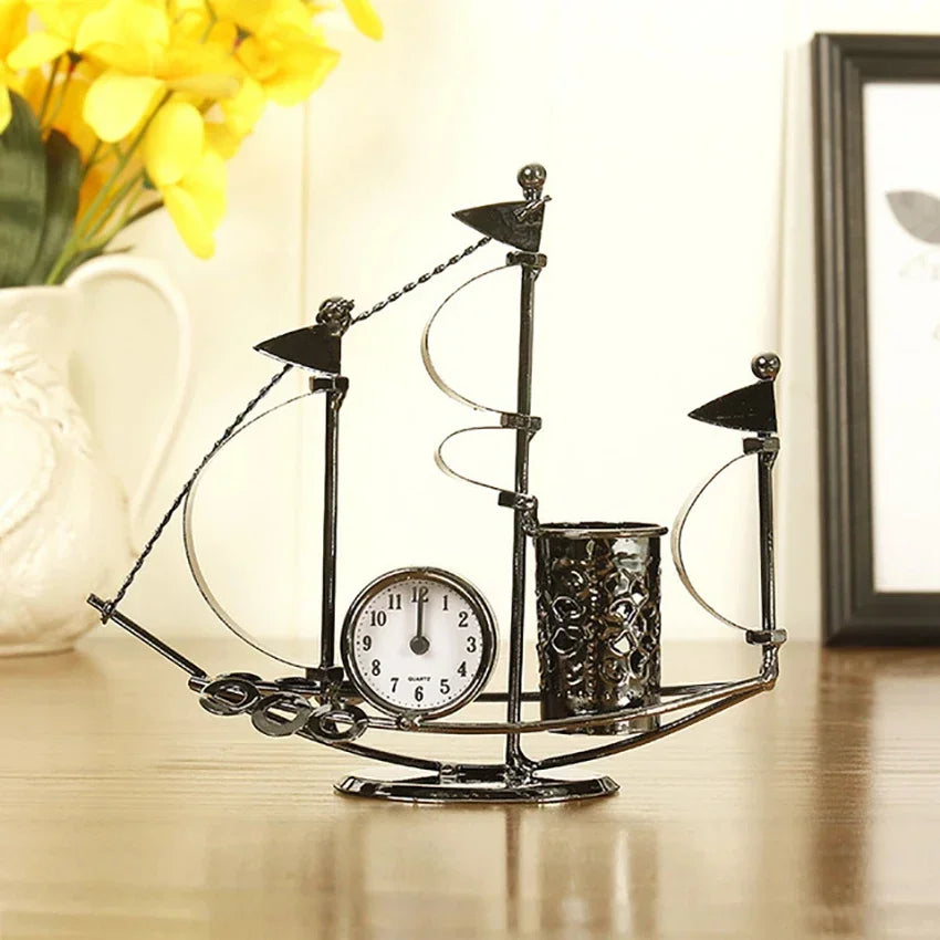 Sailboat Metal Pen Holder with Clock – Creative Desk Organizer