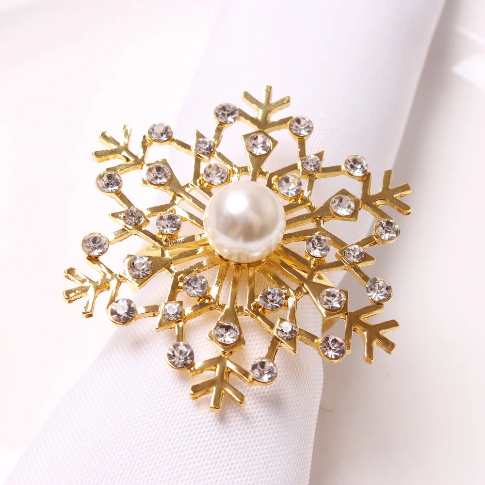 Snowflake Pearl Rhinestone Metal Napkin Rings – Christmas Décor