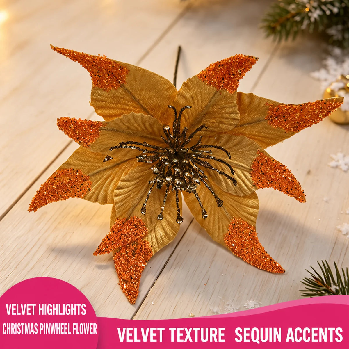 Velvet Flocked Glitter Artificial Christmas Flower Stem