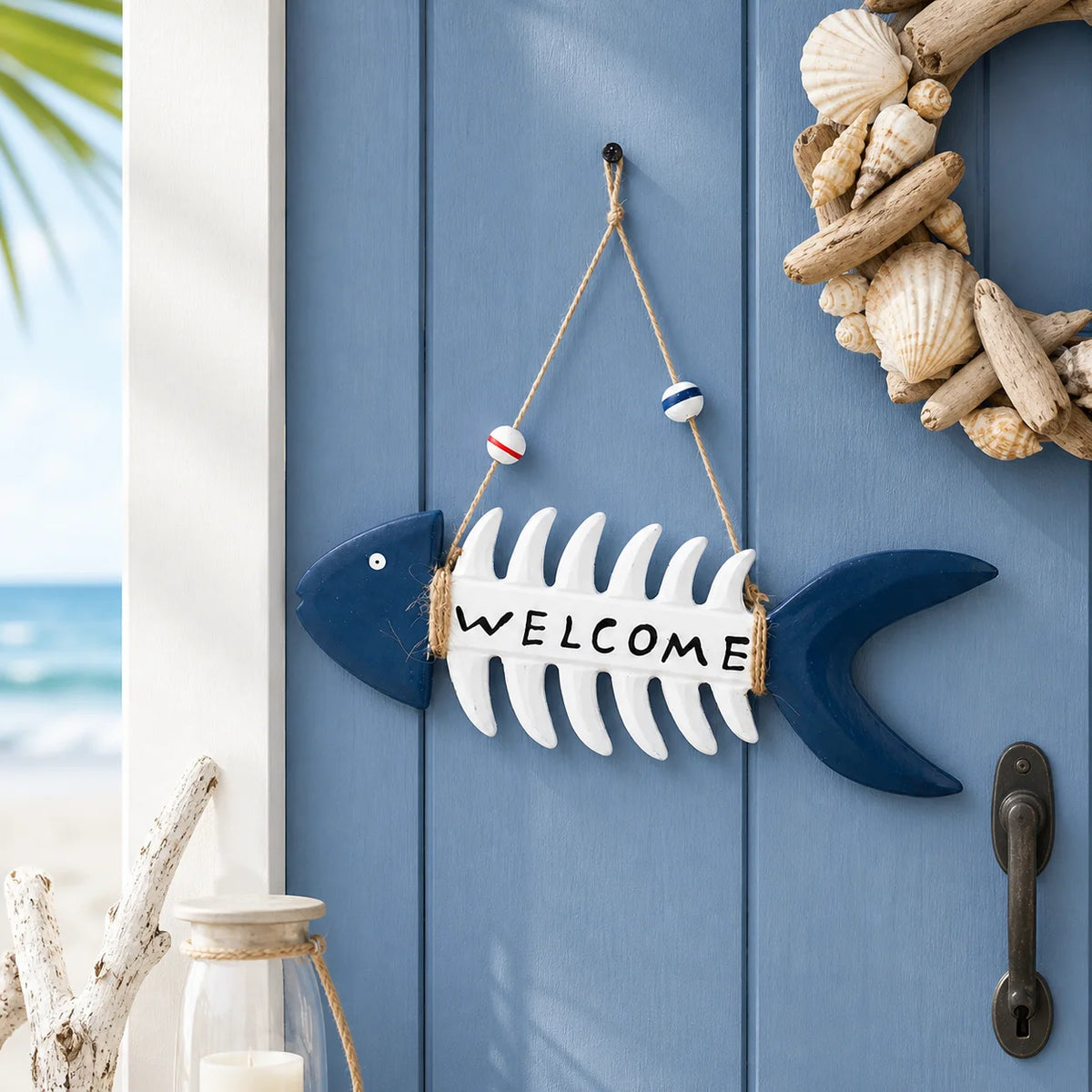 Nautical Fishbone Welcome Sign | Rustic Coastal Wall Decor