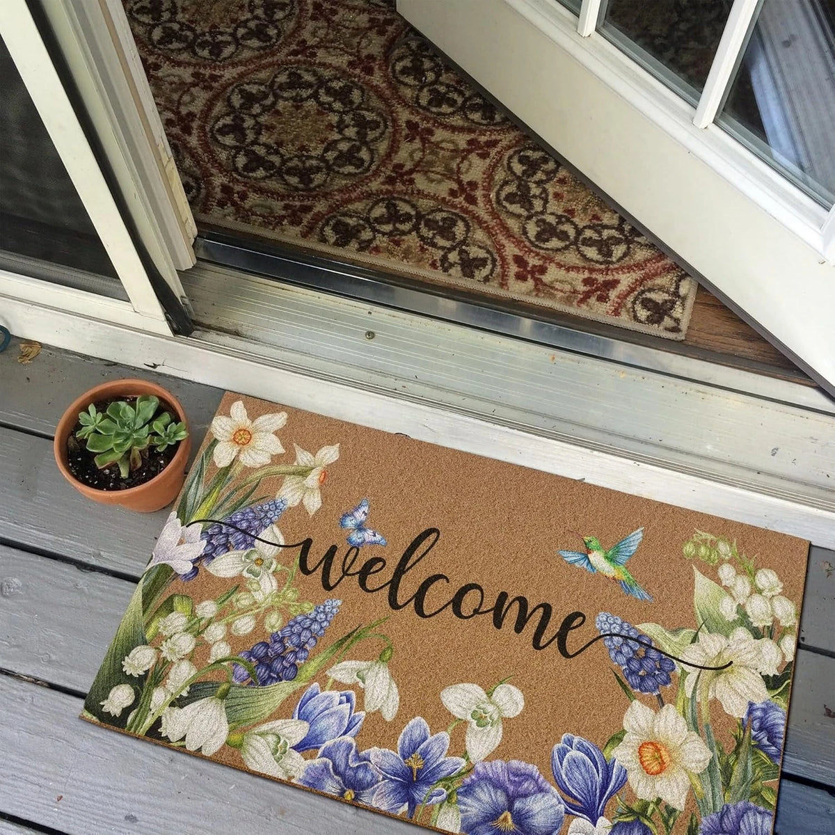 Floral "You Are Welcome Here" Non-Slip Washable Doormat