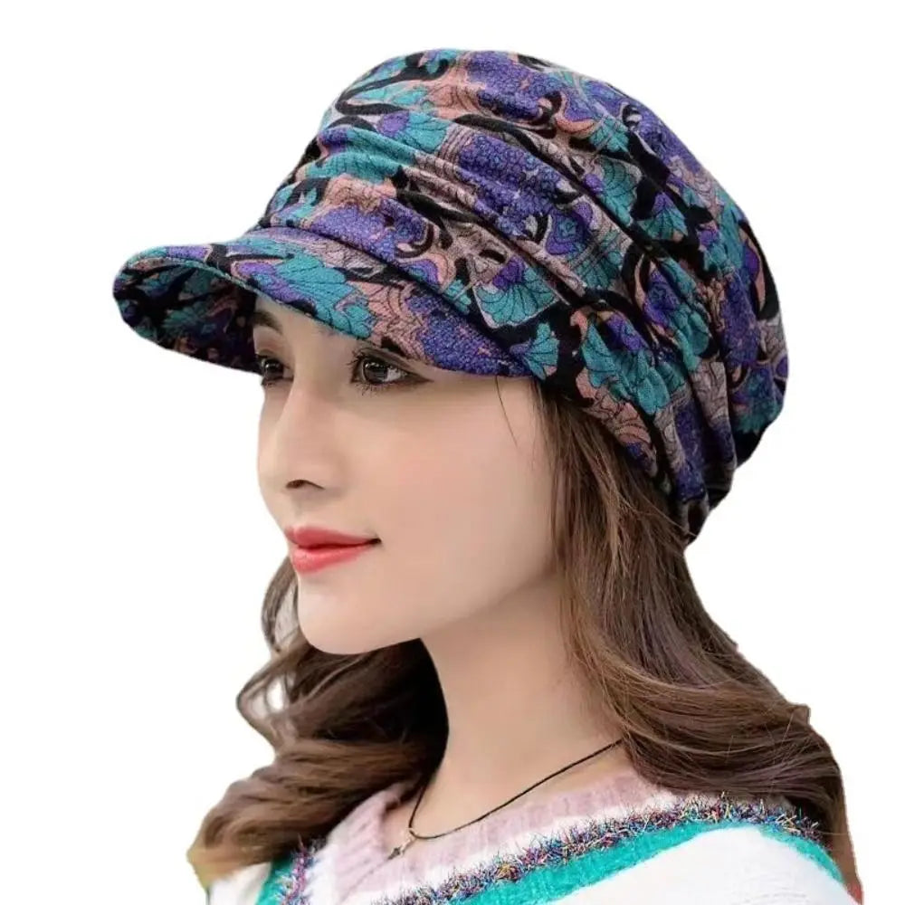 Women's Short Brim Floral Beanie Hat – Polyester Winter Cap