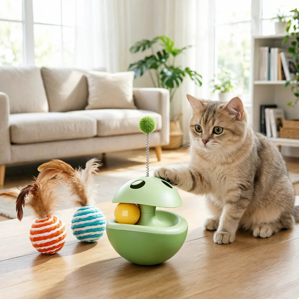 Cat Toy Combo – Mushroom Tumbler Treat Dispenser & Sisal Ball