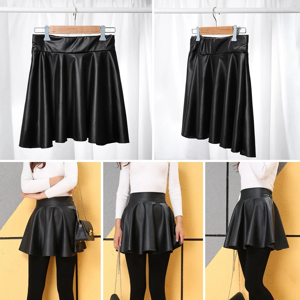 Women's Faux Leather Mini Skirt – High Waist Pleated Skater