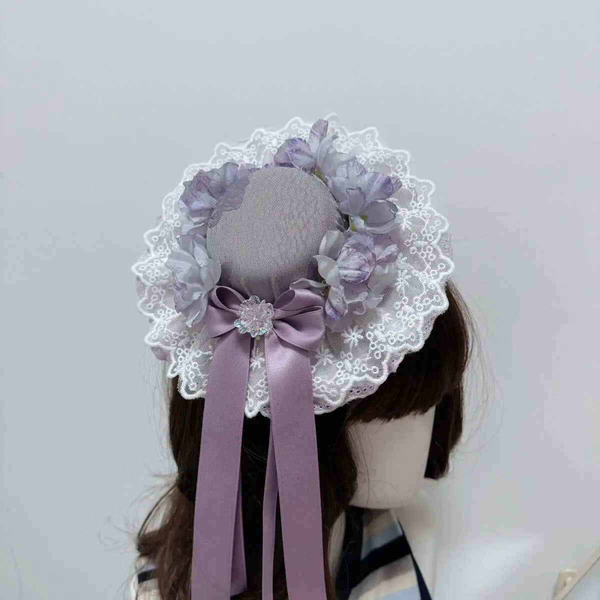 Lolita Floral Lace Mini Hat Fascinator with Lavender Bow