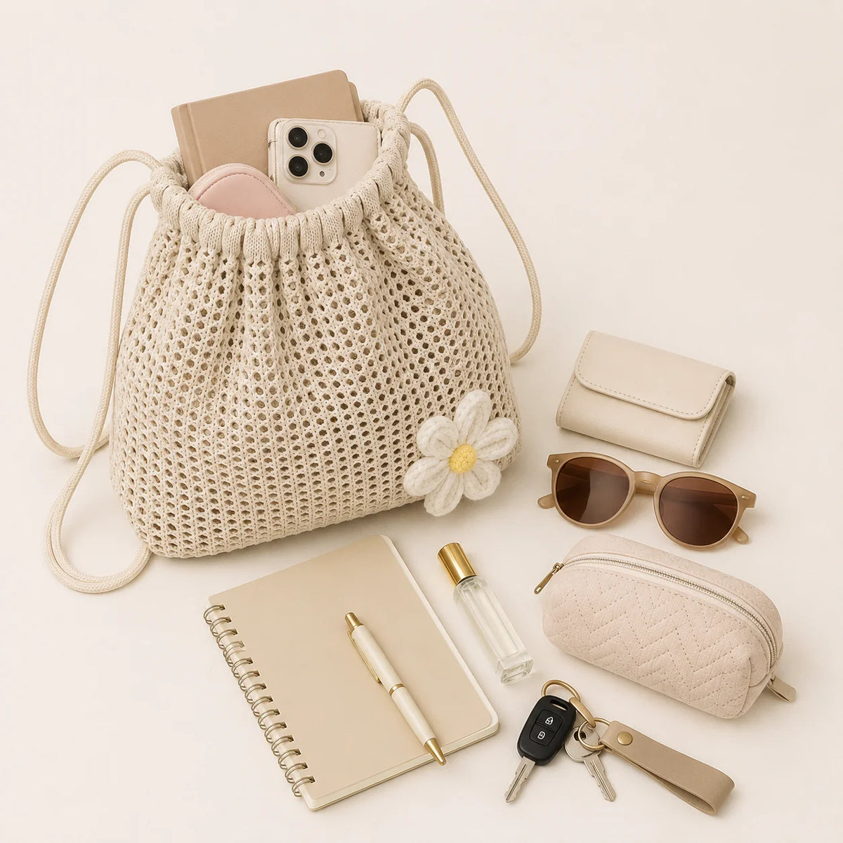 Women's Crochet Drawstring Backpack – Daisy Flower Knit Bag
