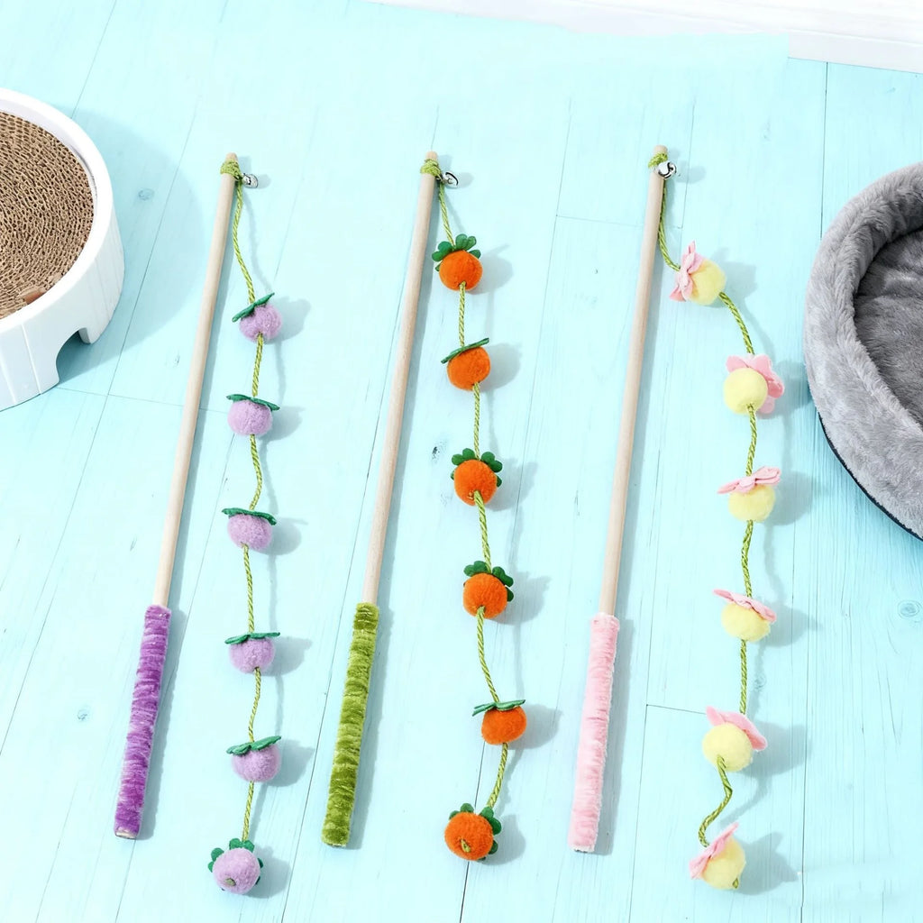 Fruit-Shaped Plush Cat Wand Toy | Wooden Handle Stick