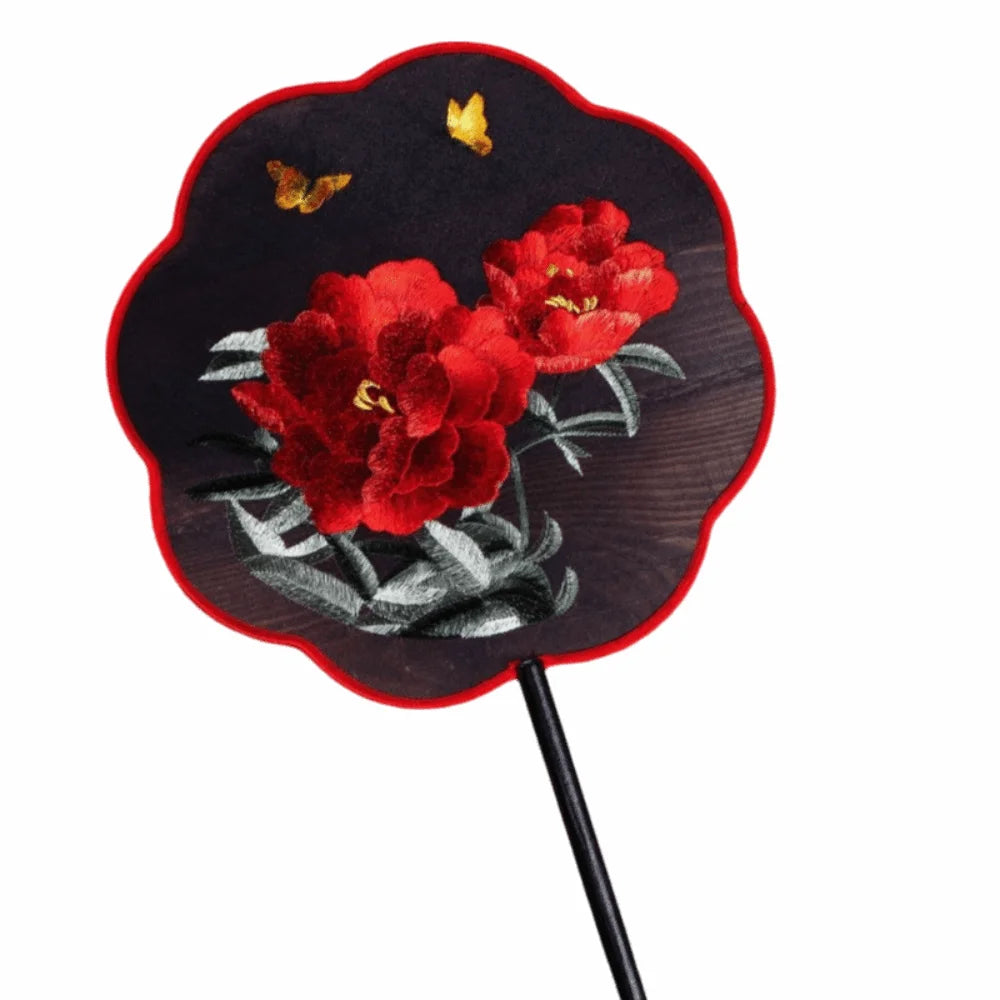 Vintage Silk Embroidery Fan – Floral Hanfu Accessory with Pendant