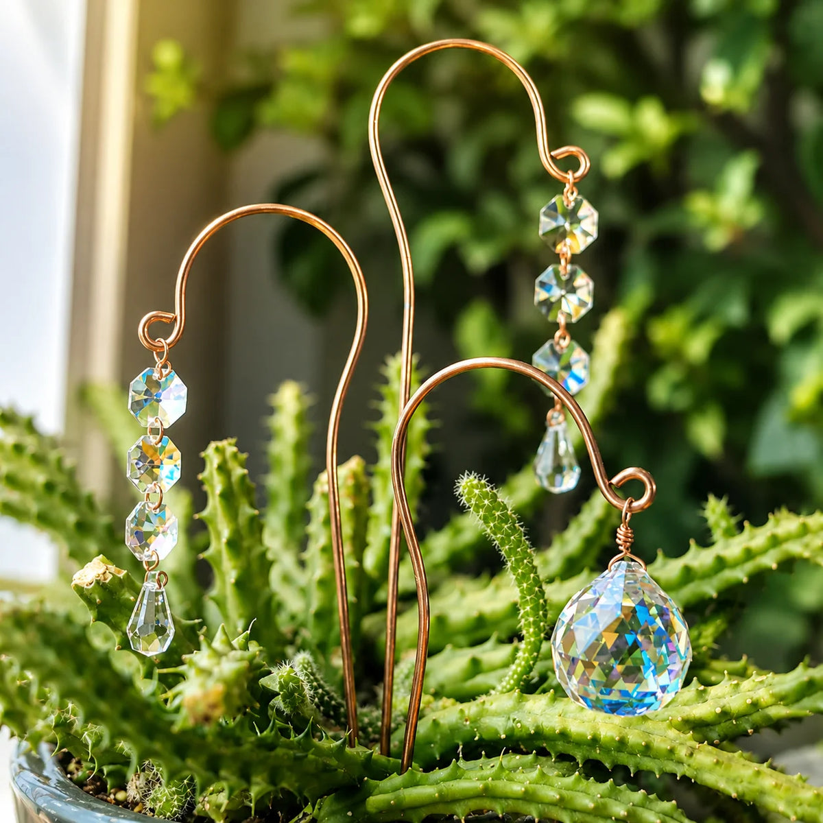 Crystal Suncatcher Plant Stakes with Gold Hooks & Prisms – 2 Pack