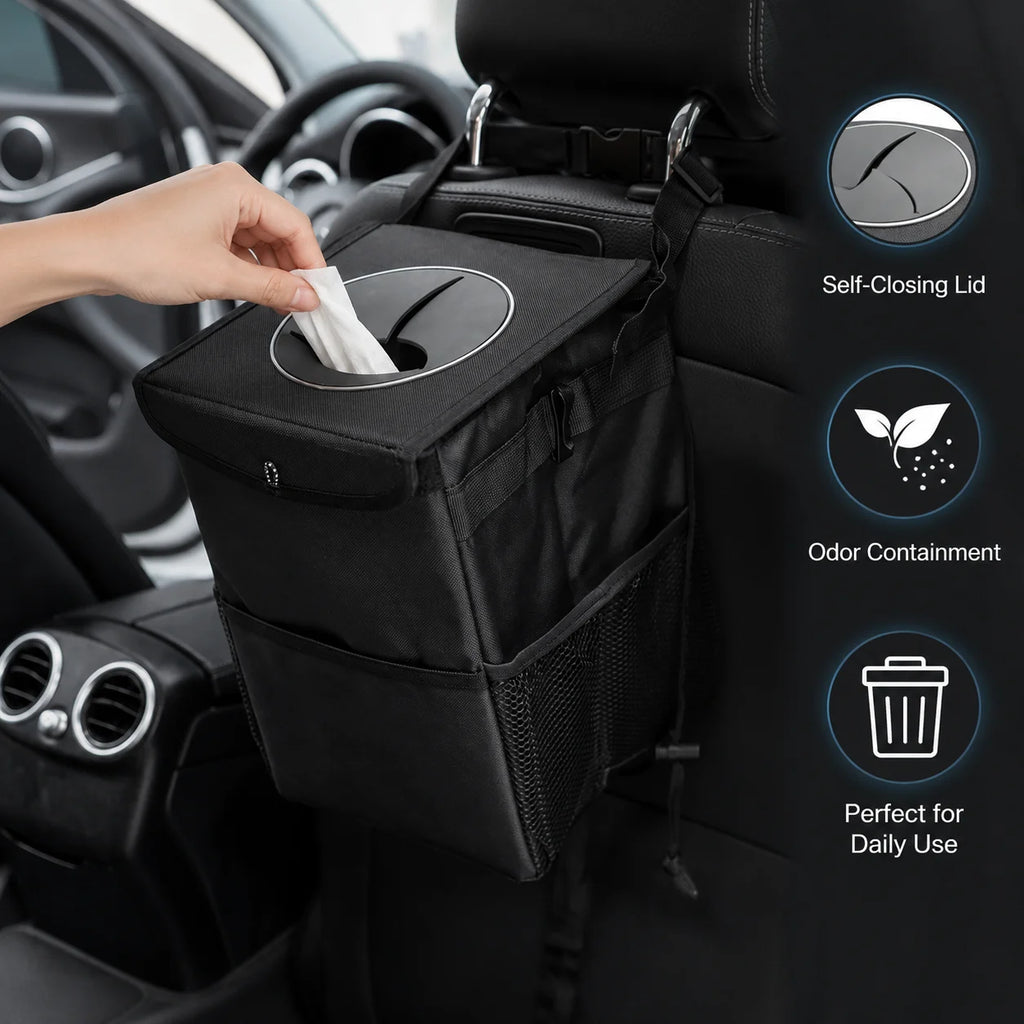 Waterproof Car Trash Bin – Self-Closing Lid & Backseat Organizer