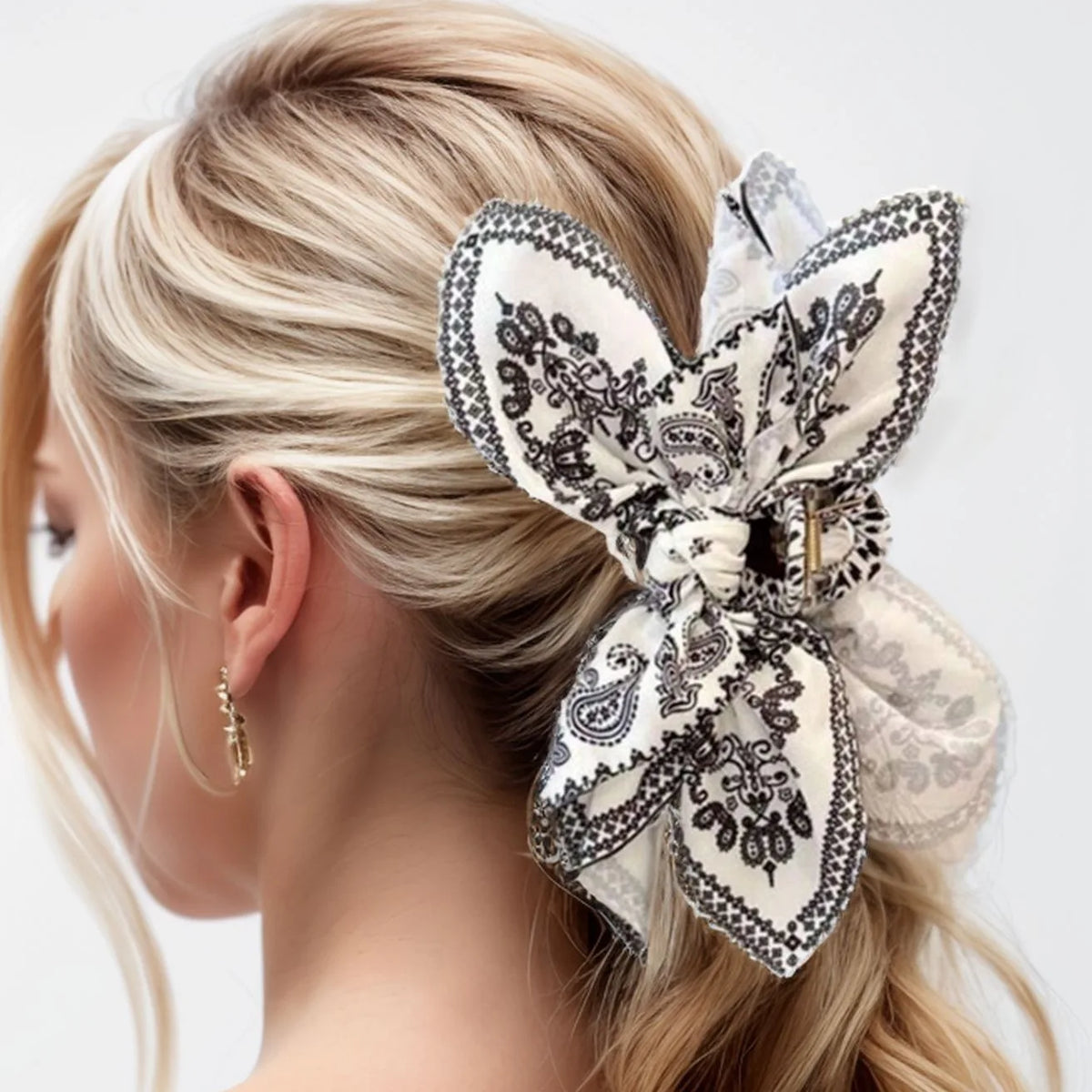 Double-Sided Cashew Flower Bow Shark Clip & Ponytail Headband