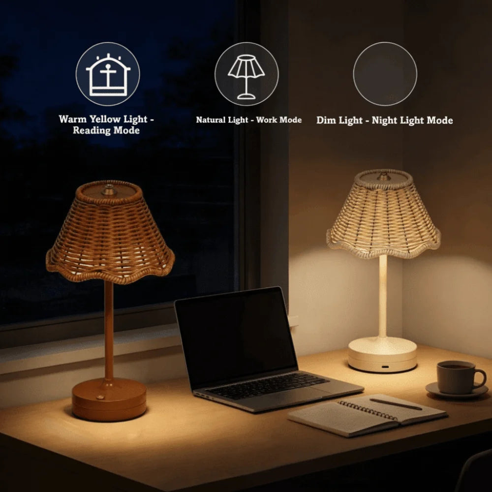 Touch Sensor LED Rattan Desk Lamp – Wireless Rechargeable