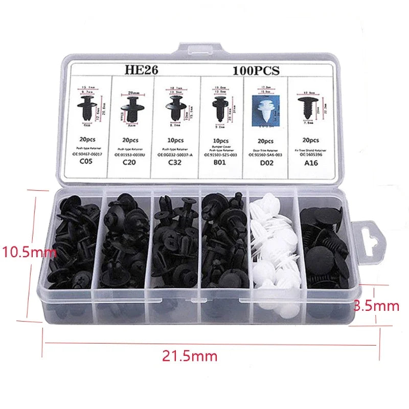 100-Pc Mixed Auto Plastic Fastener Clips – 6-Type Car Trim Kit