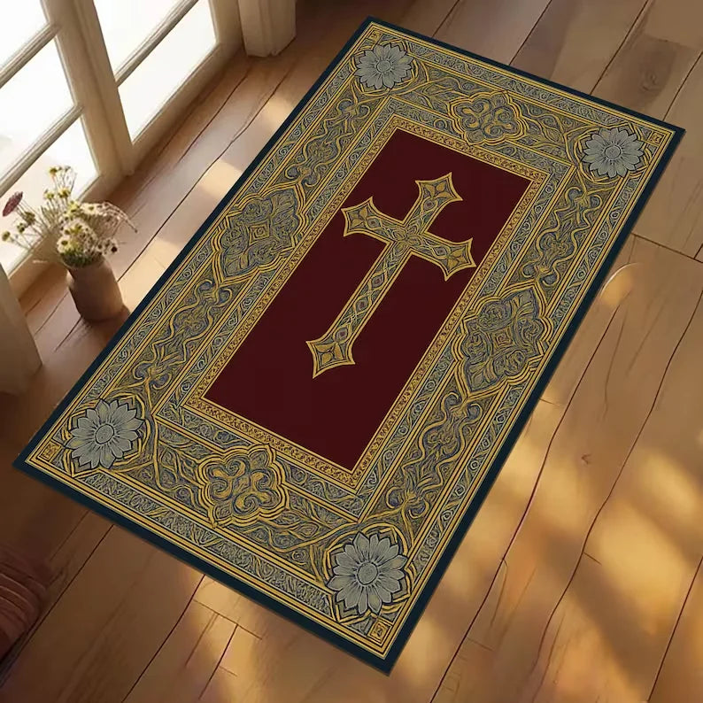 Vintage Floral Cross Prayer Rug – Non-Slip Christian Décor Mat