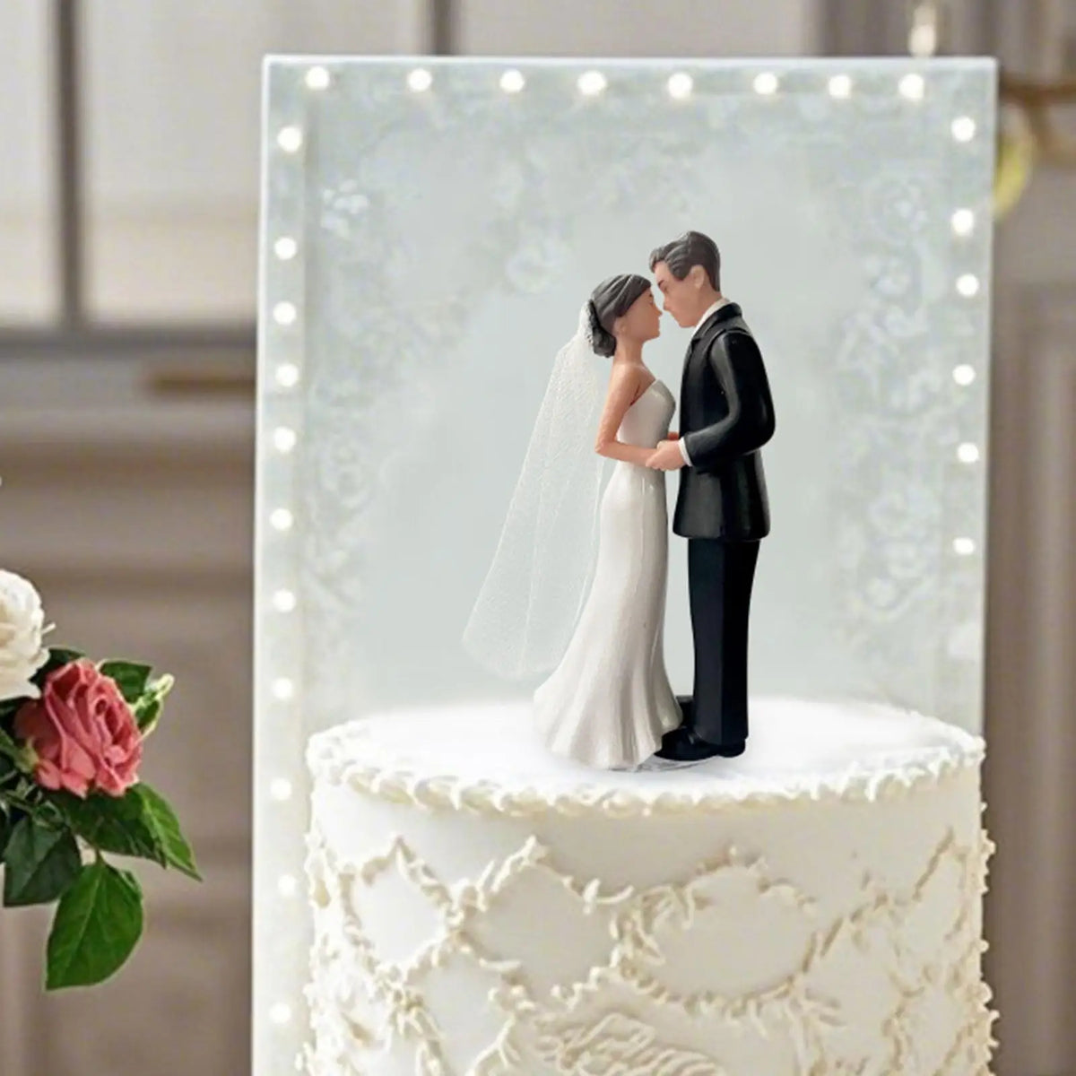 Wedding Cake Topper Bride & Groom Sculpture with White Veil