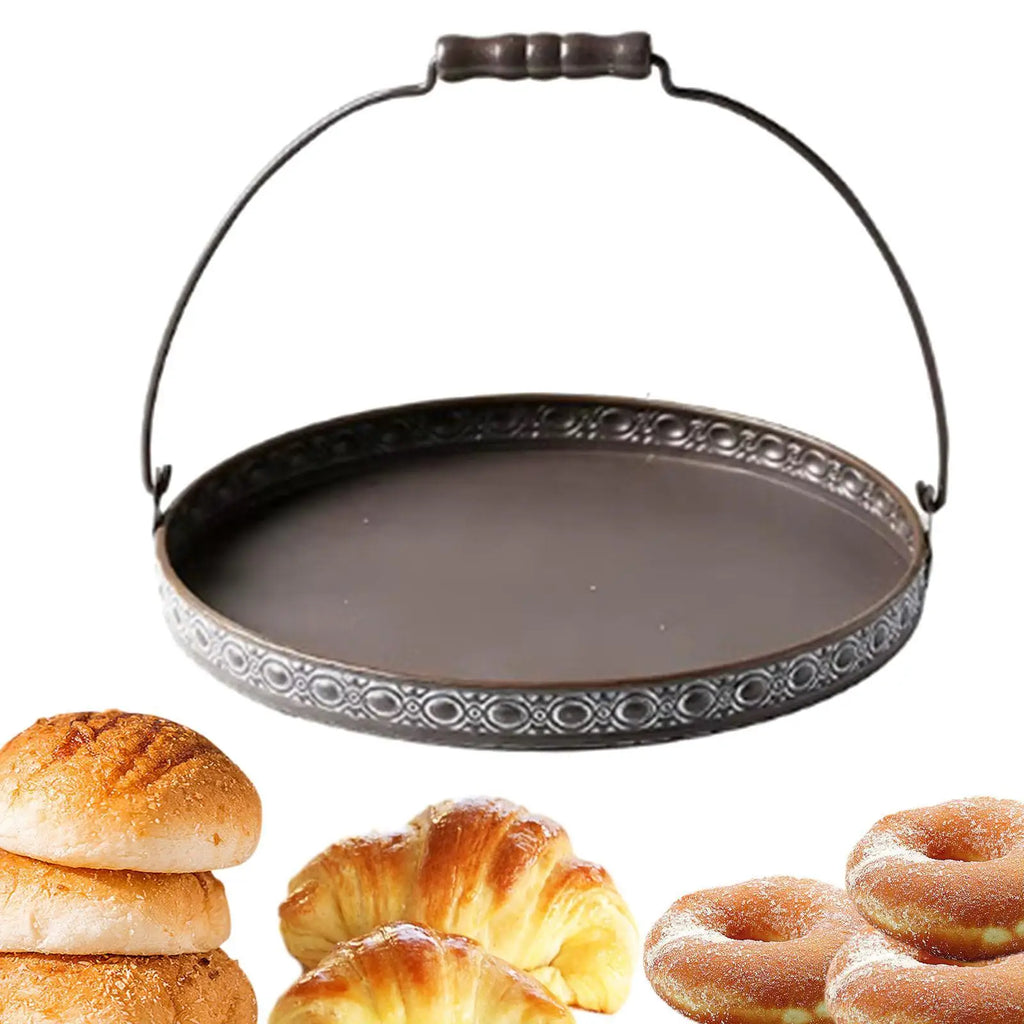 Antique Round Metal Serving Tray with Handles | Rustic Décor