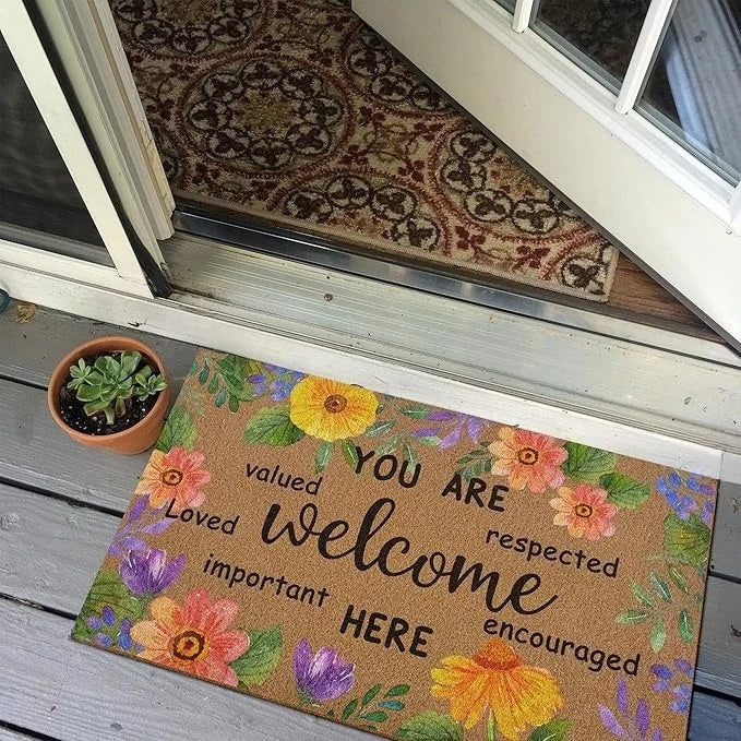 Floral "You Are Welcome Here" Non-Slip Washable Doormat