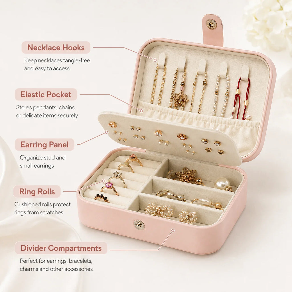 Mini PU Leather Travel Jewelry Box – Multi Compartment Organizer