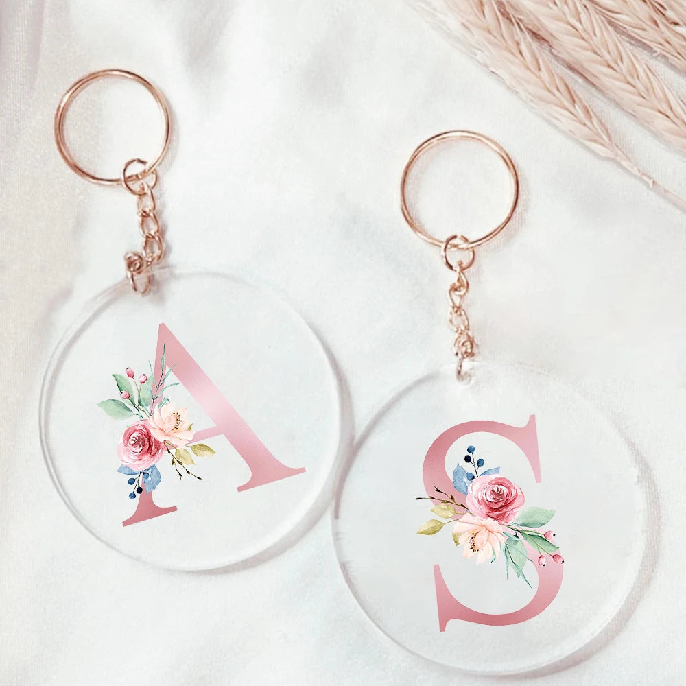Monogram Acrylic Keychain – Floral Initial Circle Keyring Gift