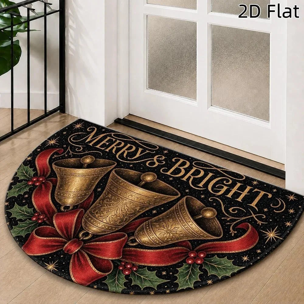 Christmas Tartan Half Round Door Mat – Non-Slip Green Plaid Rug