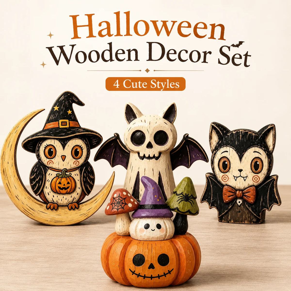 Halloween Wooden Figurines – Owl Ghost Pumpkin & Vampire Cat