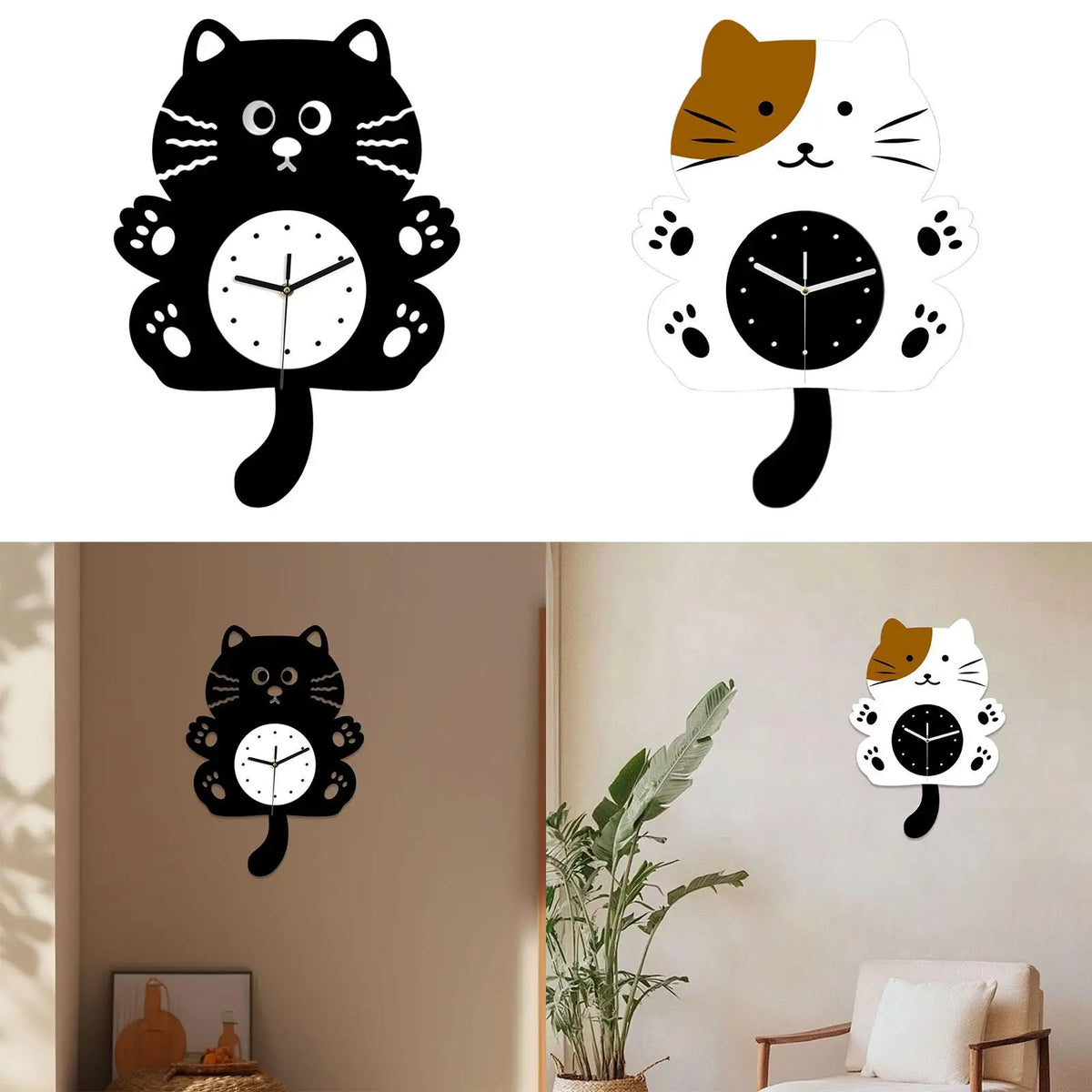 Cat Shaped Silent Wall Clock – Swinging Tail Kids Room Decor