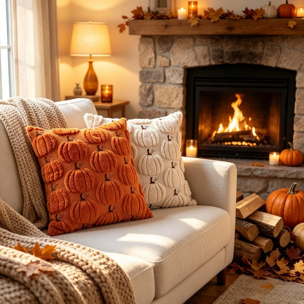 VIKAMA 3D Plush Pumpkin Throw Pillow Cover | Fall Halloween Decor