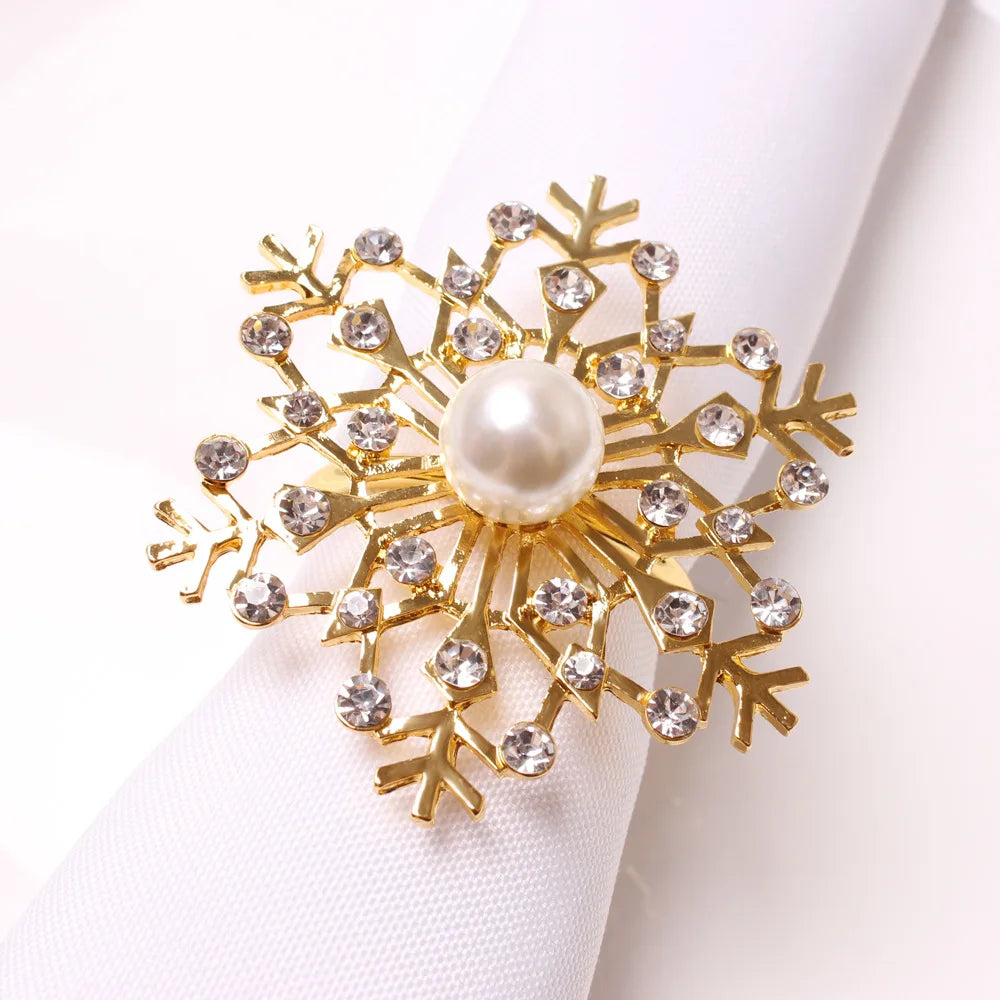 Snowflake Pearl Rhinestone Metal Napkin Rings – Christmas Décor
