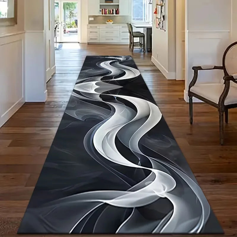 Black White Abstract Runner Rug – Non-Slip Washable Mat