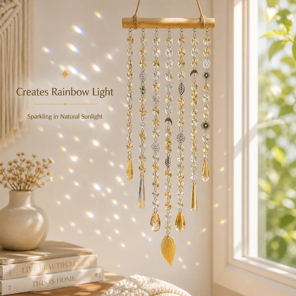 Boho Crystal Sun Catcher Hanging Decor – Sun Moon Leaf Charms
