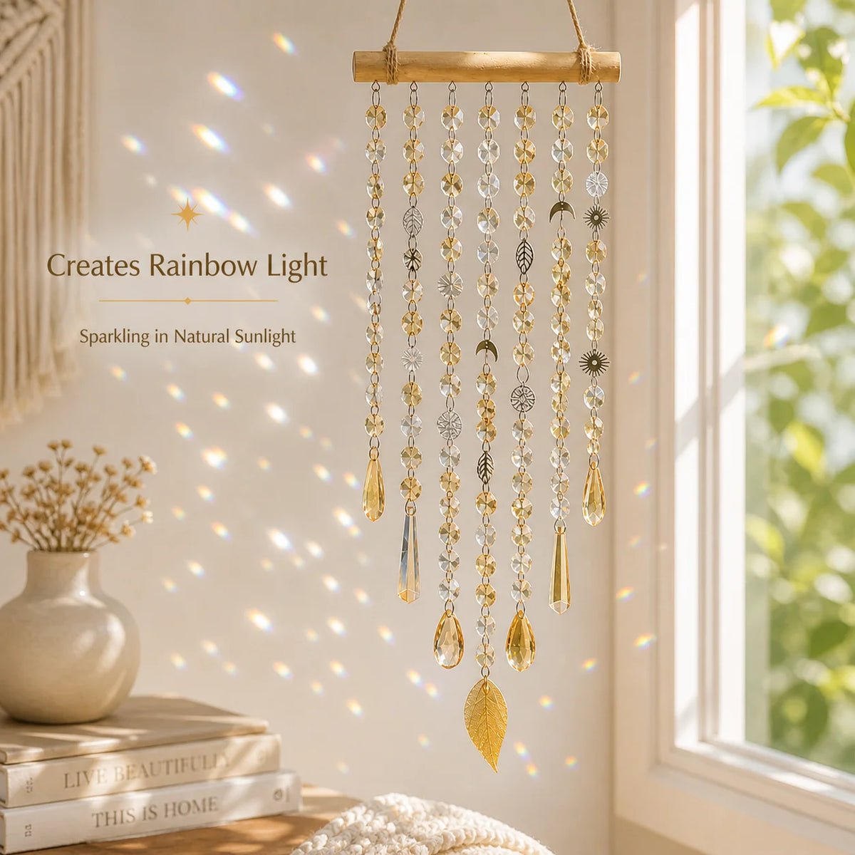 Boho Crystal Sun Catcher Hanging Decor – Sun Moon Leaf Charms