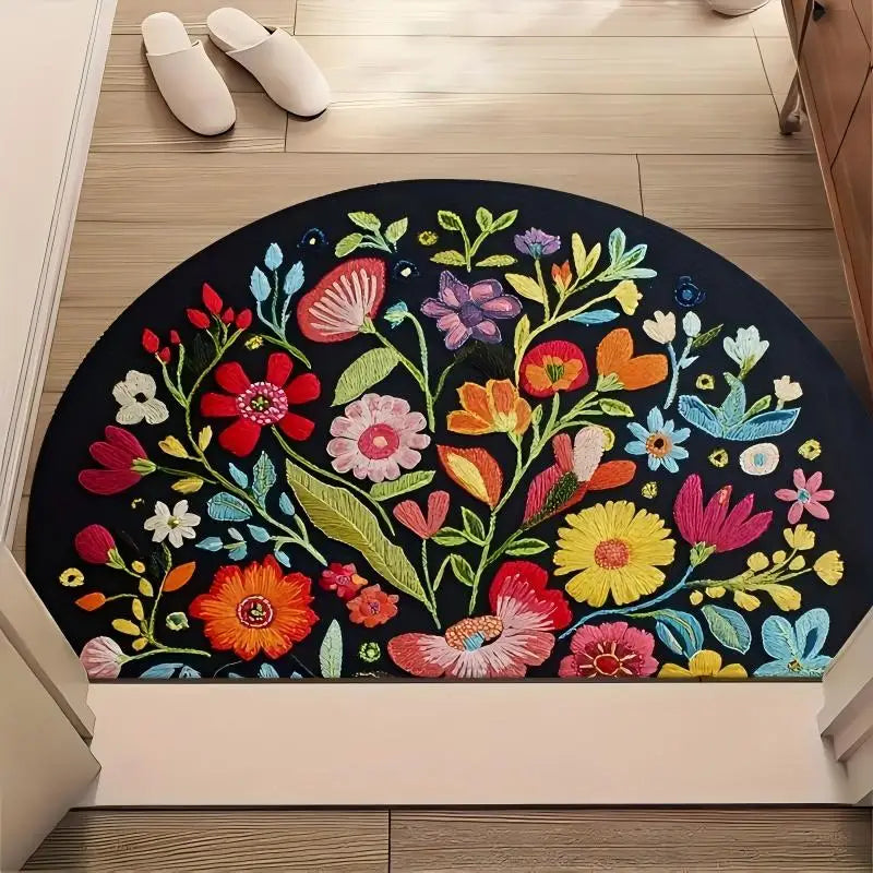 Semi-Circular Floral Flannel Door Mat – Non-Slip Indoor Rug