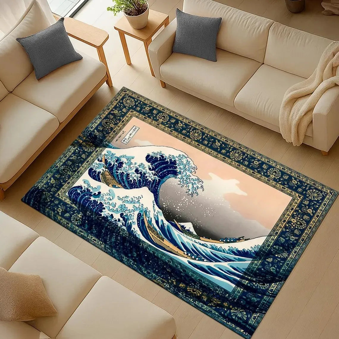 Hokusai Great Wave Area Rug – Non-Slip Washable Art Carpet
