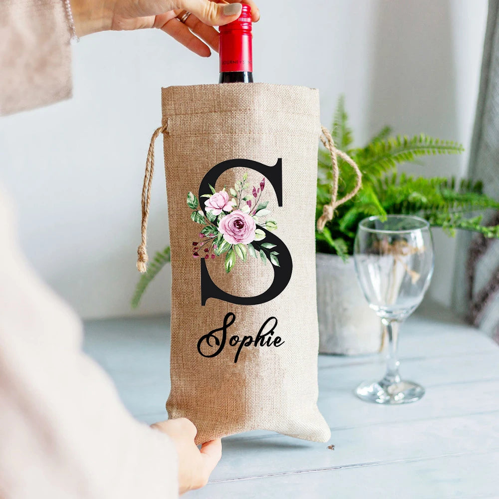 Personalized Burlap Wine Bottle Bag | Custom Drawstring Gift Bag