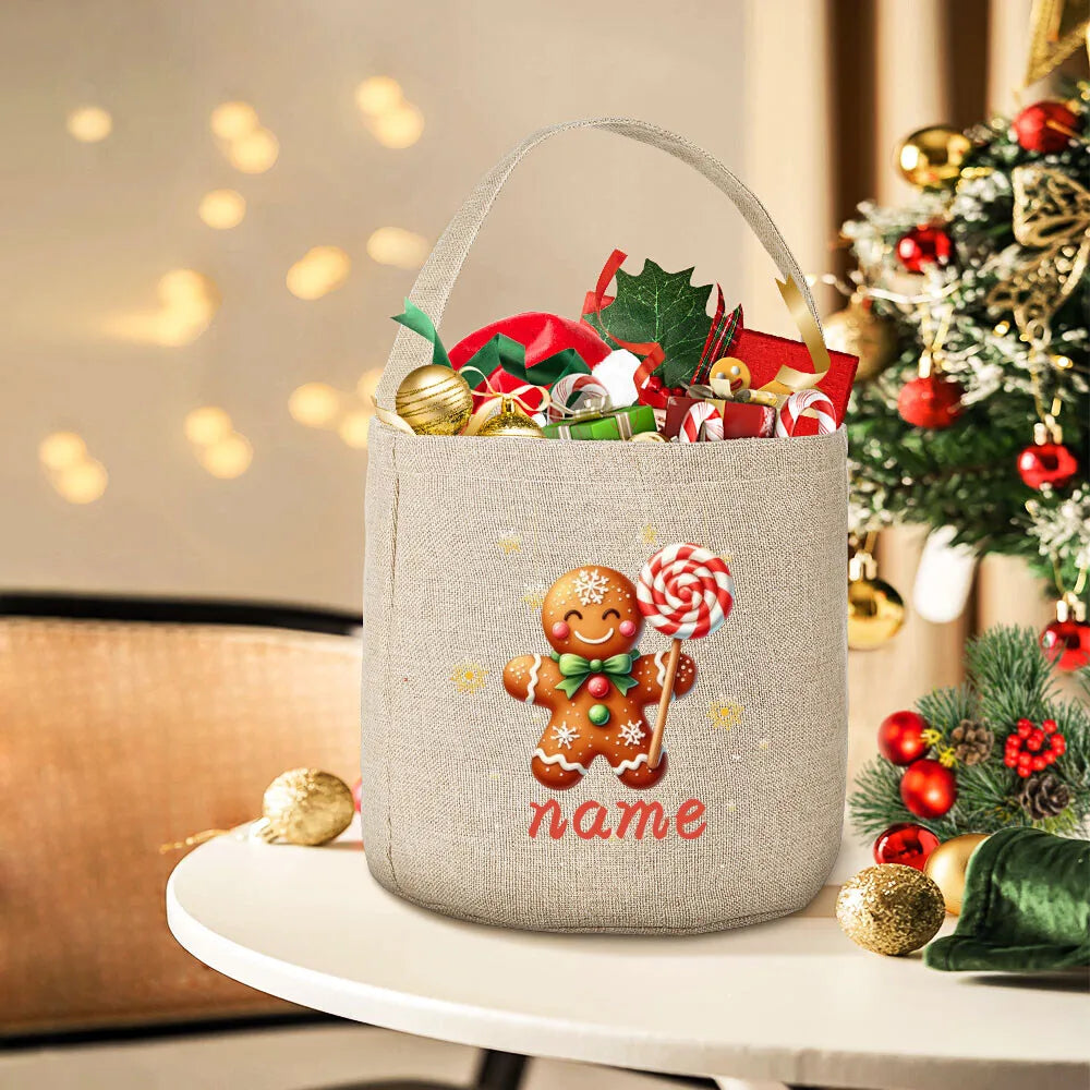 Personalized Christmas Gingerbread Man Linen Gift Bag