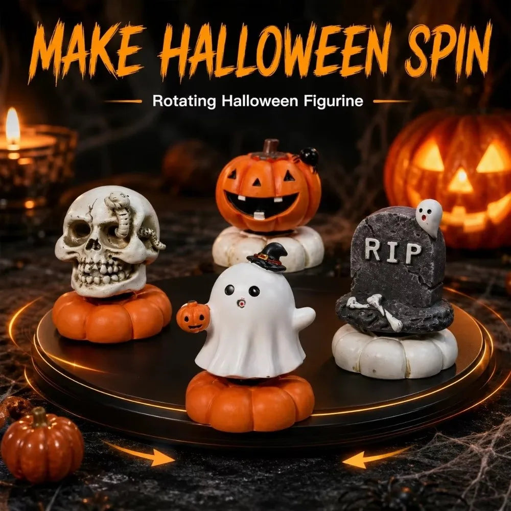 Resin Halloween Ghost Figurine | Mini Pumpkin & Skull Decor