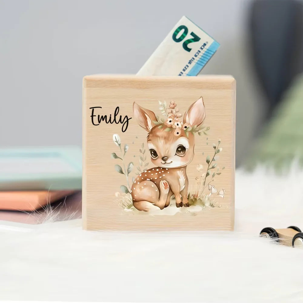 Personalised Wooden Piggy Bank – Elephant & Deer Coin Box Gift