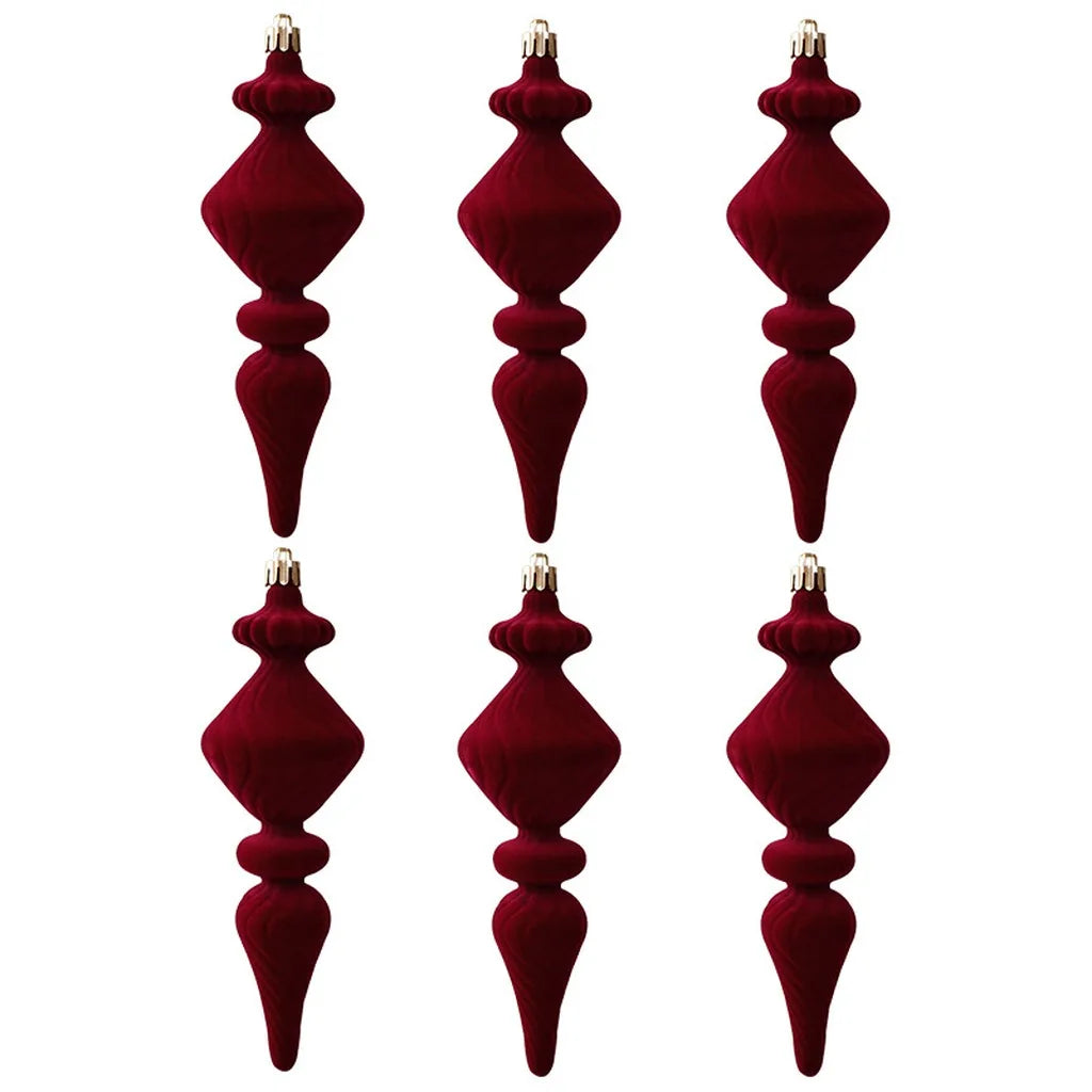 Flocked Irregular Christmas Ornaments – 6-Piece Burgundy Set