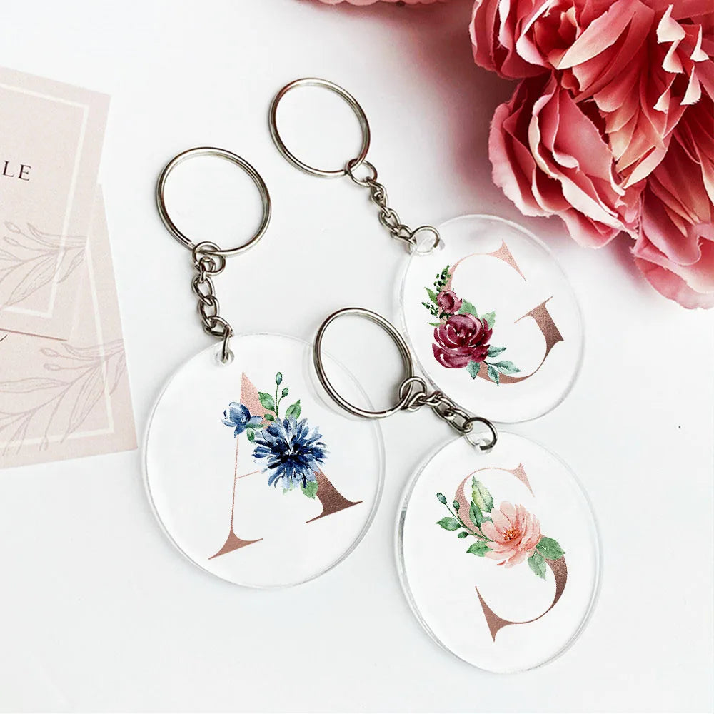Monogram Floral Acrylic Keychain – Initial Letter Key Ring Gift