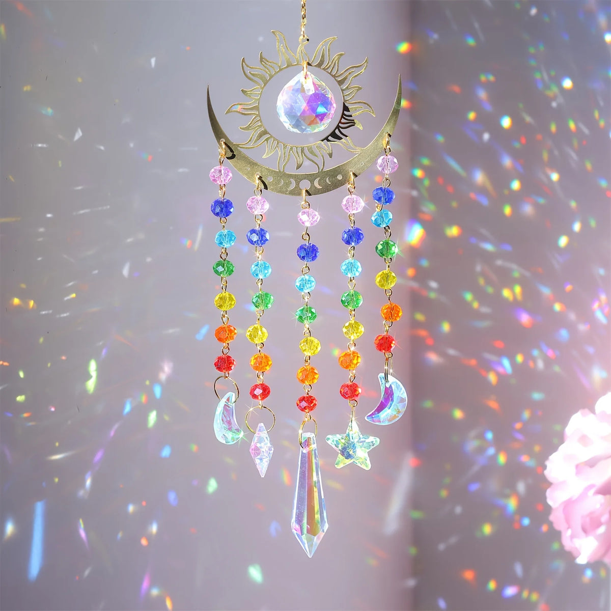 Rainbow Sun & Moon Suncatcher – Crystal Prism Hanging Ornament