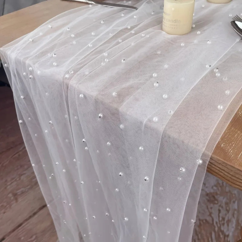White Pearl Tulle Mesh Table Runner – Wedding & Party Décor