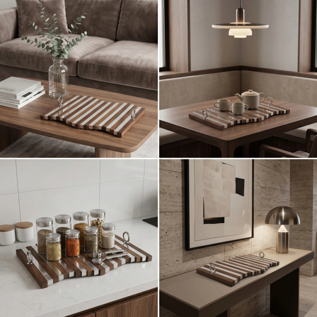 Modern Serving Tray with Handles – Wood & Metal Slimline