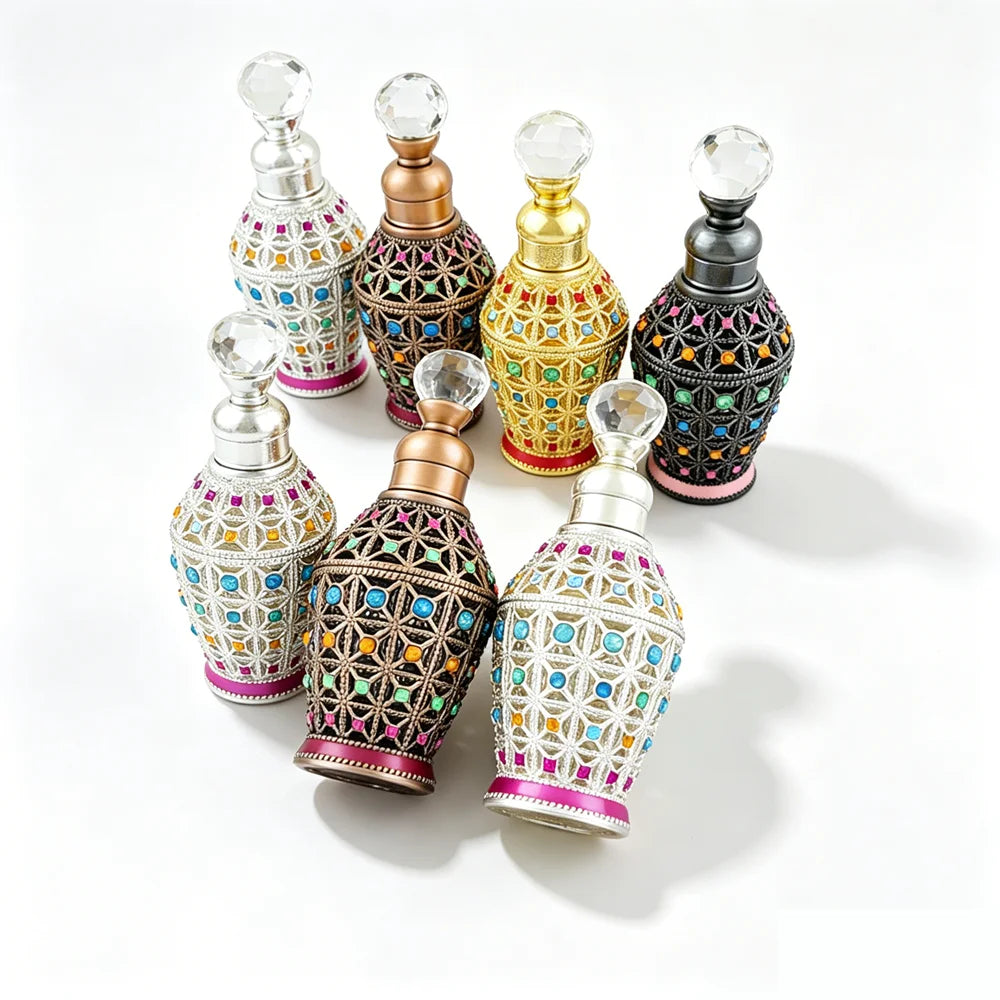 Vintage Arabic Attar Oil Bottle | Hollow Gem Metal Crystal Top